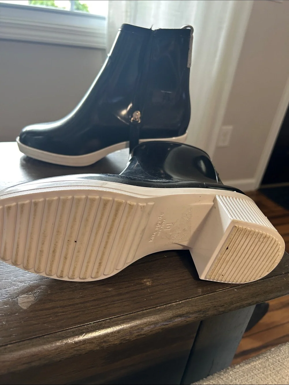 Kate Spade Black Glossy Rain Ankle Boots with White Sole